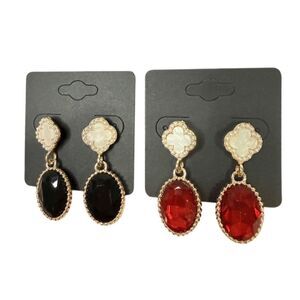 2 pair Austrian Clover Crystal Drop Earrings black Red Teardrop Jewelry gift lot